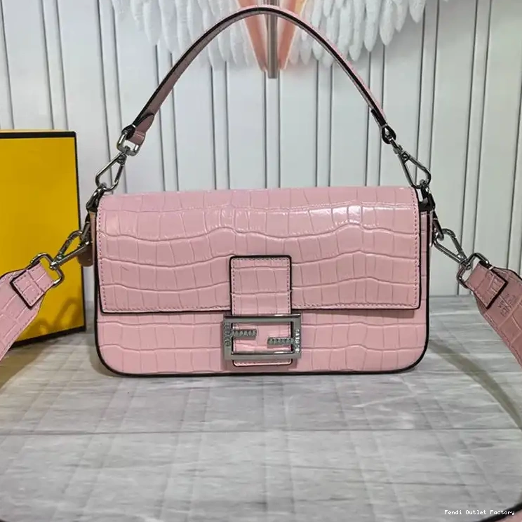 Cheap HOT Crocodile Leather In Fendi Baguette Tiffany Pink Bag Medium 0623